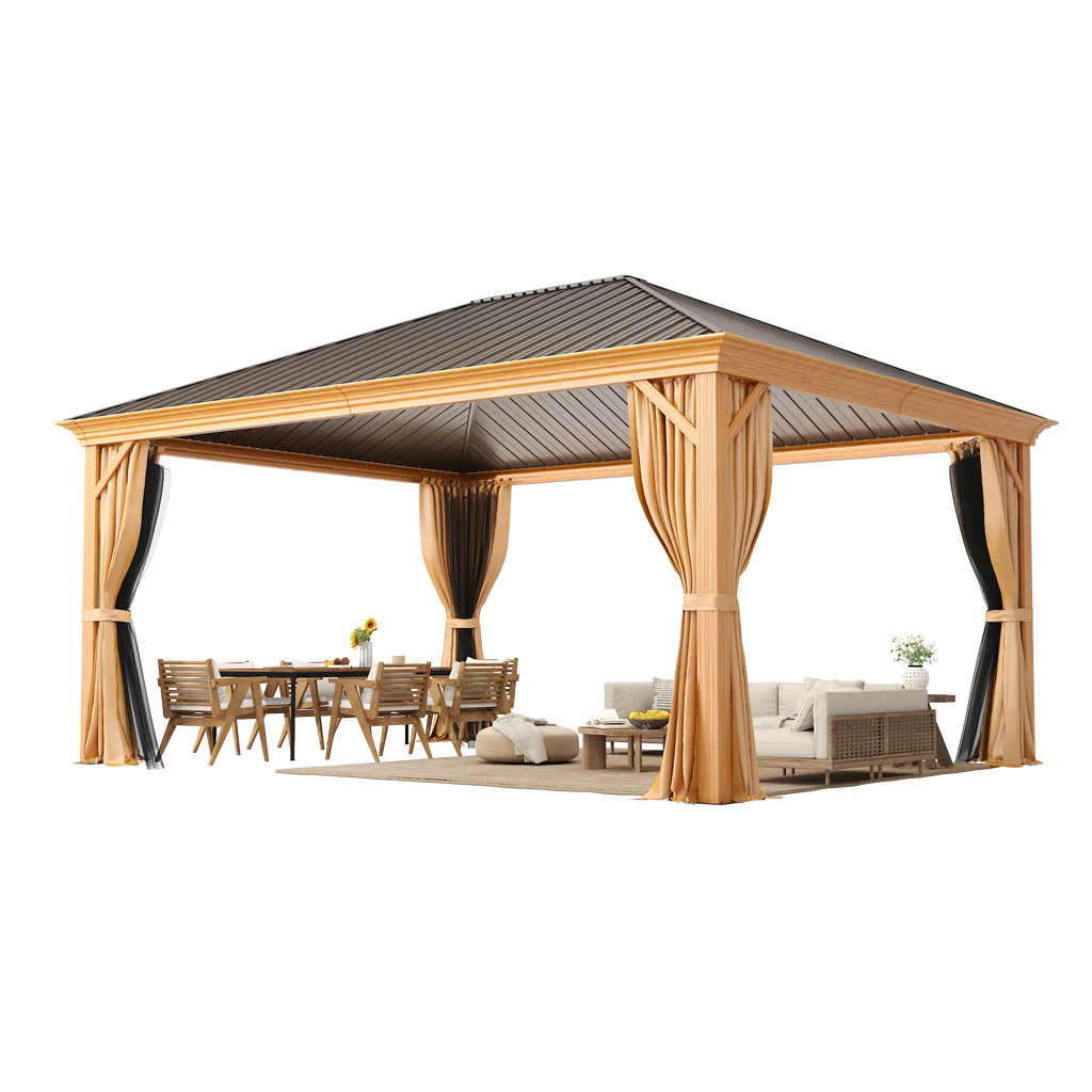 EROMMY 12' x 16' Hardtop Gazebo, Galvanized Steel Metal Single Roof Aluminum Gazebo with Curtain and Netting, Brown Permanent Pavilion
