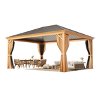 EROMMY 12' x 16' Hardtop Gazebo, Galvanized Steel Metal Single Roof Aluminum Gazebo with Curtain and Netting, Brown Permanent Pavilion
