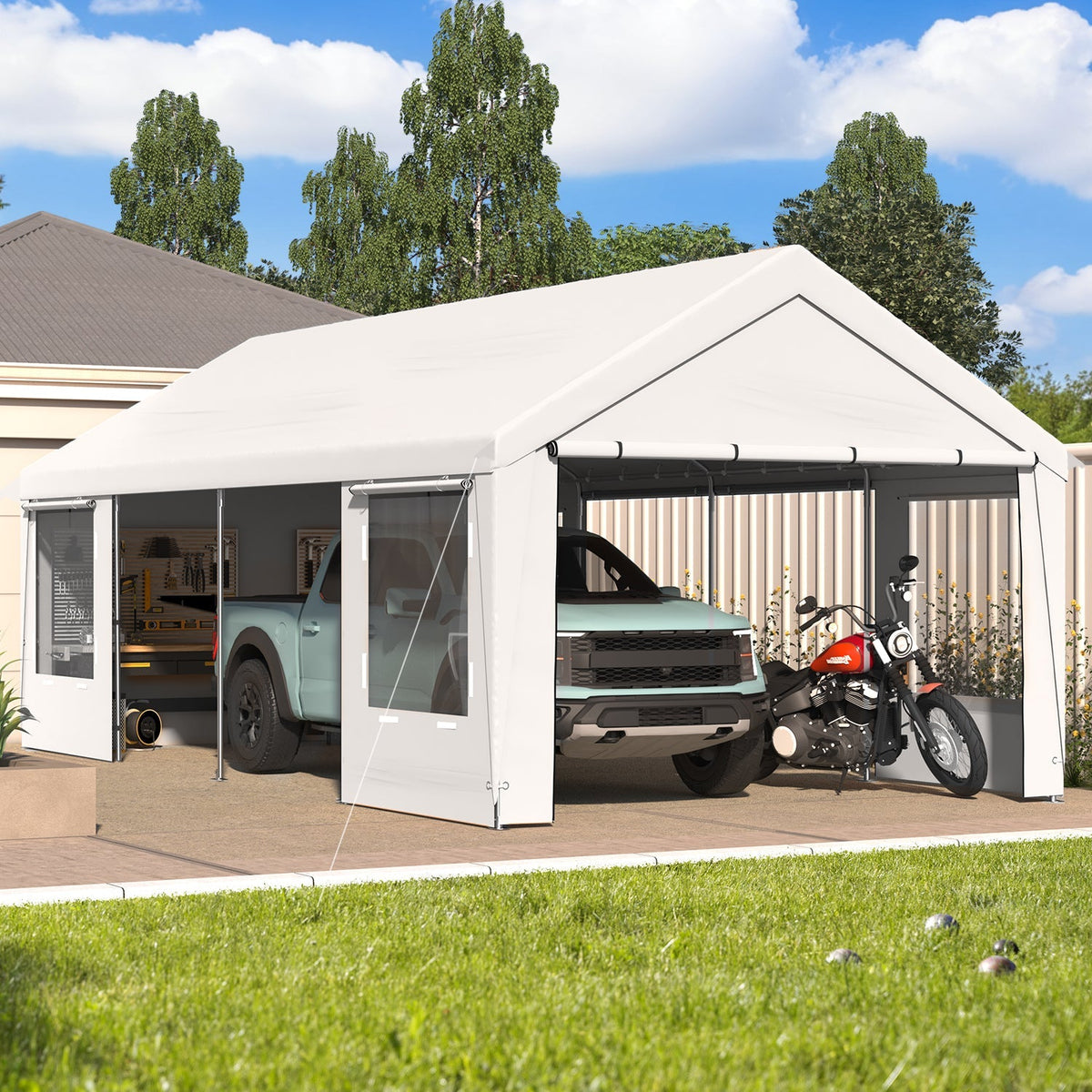 EROMMY 12' x 24' Heavy Duty Carport，Portable Garage with UV Protection & Steel Frame, Car Port with Removable Sidewalls, All-Season Car Canopy for Tractor, Truck, Boat, White