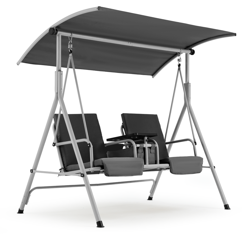 EROMMY 2-Person Outdoor Swing with Canopy, Storage Table, Cooler Bag & Cushions – Black