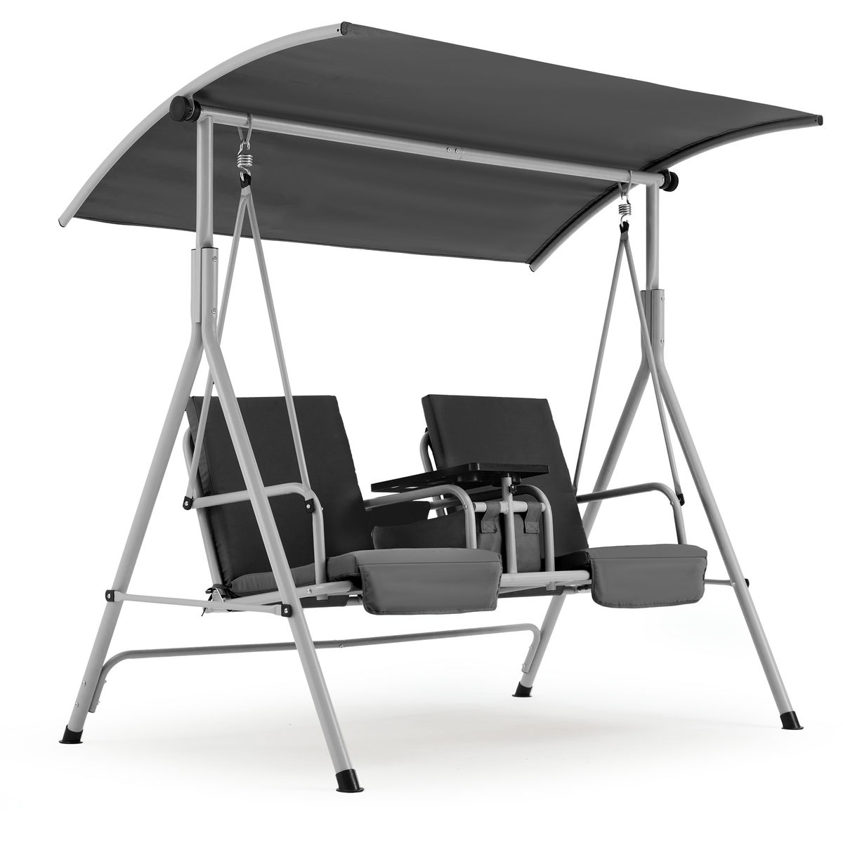 EROMMY 2-Person Outdoor Swing with Canopy, Storage Table, Cooler Bag & Cushions – Black