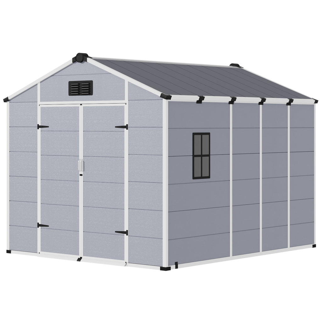 8x10 FT Outdoor Storage Shed, Weather-Resistant Shed with Lockable Double Doors & Built-In Floor, Sloped Roof Outdoor Shed for Backyard, Patio & Lawn, Gray