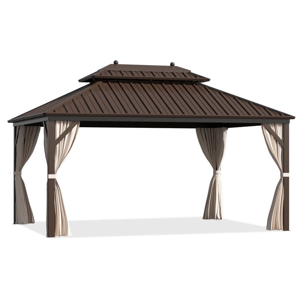 EROMMY 10' x 13' Hardtop Gazebo Canopy, Outdoor Aluminum Gazebo with Galvanized Steel Double Roof, Curtains and Netting Included, Brown