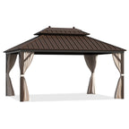 EROMMY 10' x 13' Hardtop Gazebo Canopy, Outdoor Aluminum Gazebo with Galvanized Steel Double Roof, Curtains and Netting Included, Brown
