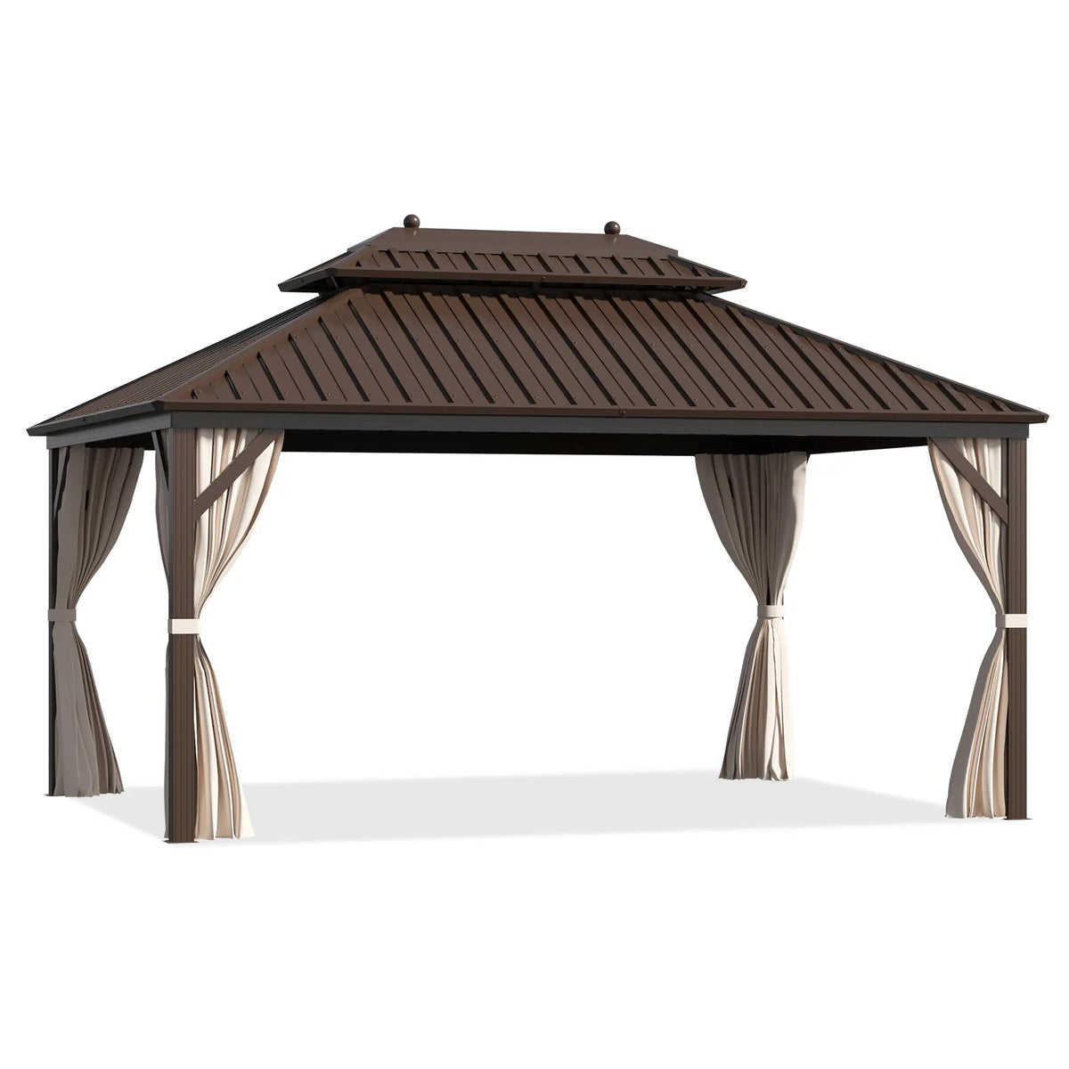 EROMMY 10' x 13' Hardtop Gazebo Canopy, Outdoor Aluminum Gazebo with Galvanized Steel Double Roof, Curtains and Netting Included, Brown