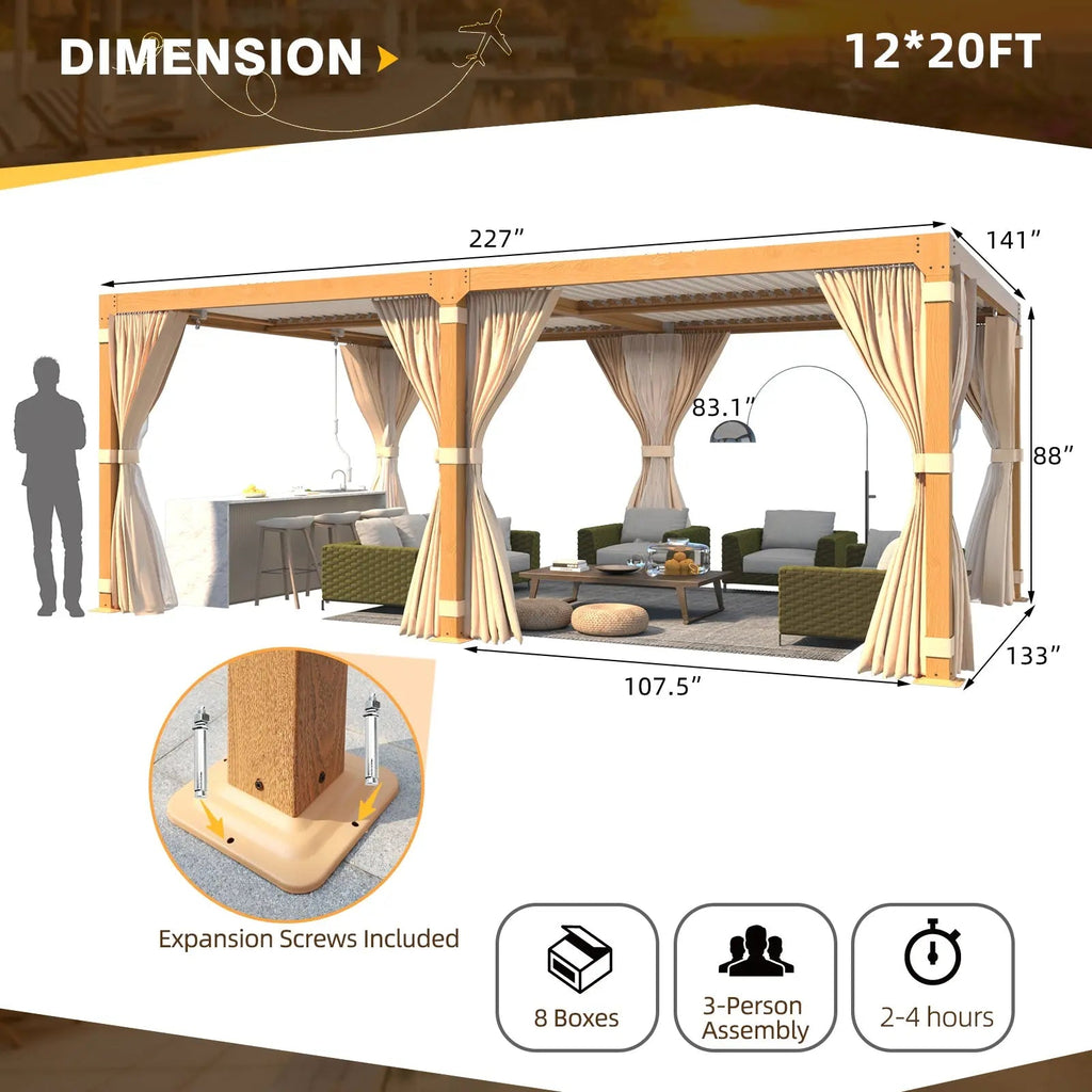 EROMMY 12X20 Adjustable Pergola with Louvers – Wood Grain