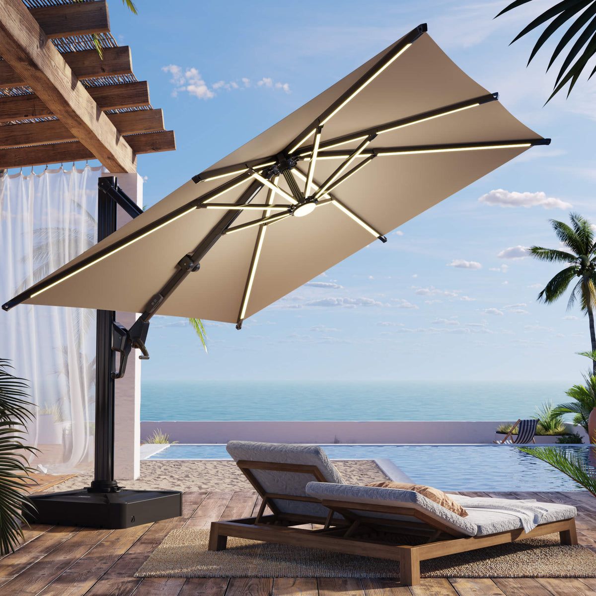 EROMMY 10 X 10 Cantilevered Umbrella with LED Lights, Base Excluded - Brown