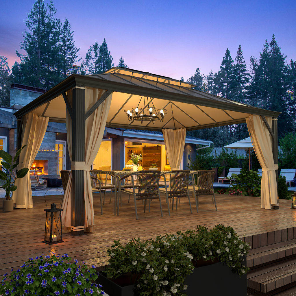 EROMMY 12' x 16' Hardtop Gazebo, Permanent Outdoor Aluminum Patio Gazebo, Double Roof, Patio and Garden, Curtains and Netting