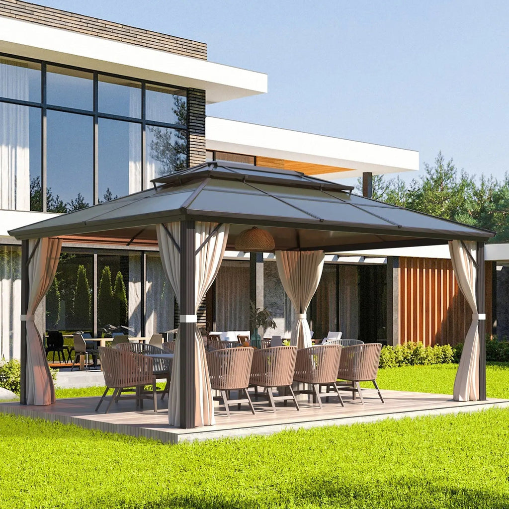 EROMMY 12' x 16' Patio Hardtop Gazebos Canopy Polycarbonate Double-Roof w/ Netting & Curtains