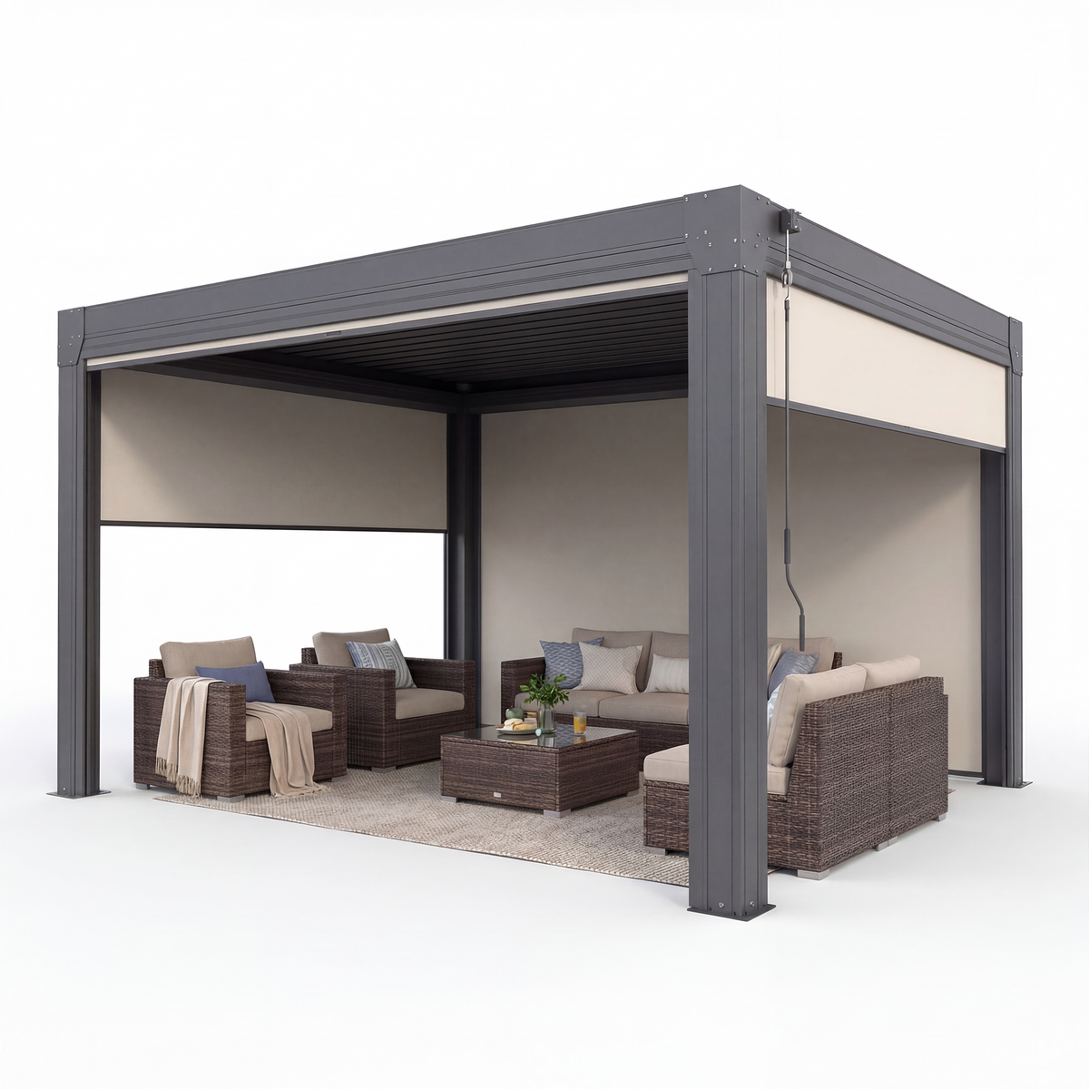 EROMMY 12' x 12' Louvered Pergola with Pull-Down Screens, Aluminum Outdoor Pergola with Retractable Roof for Patios, Decks & Backyards, Black