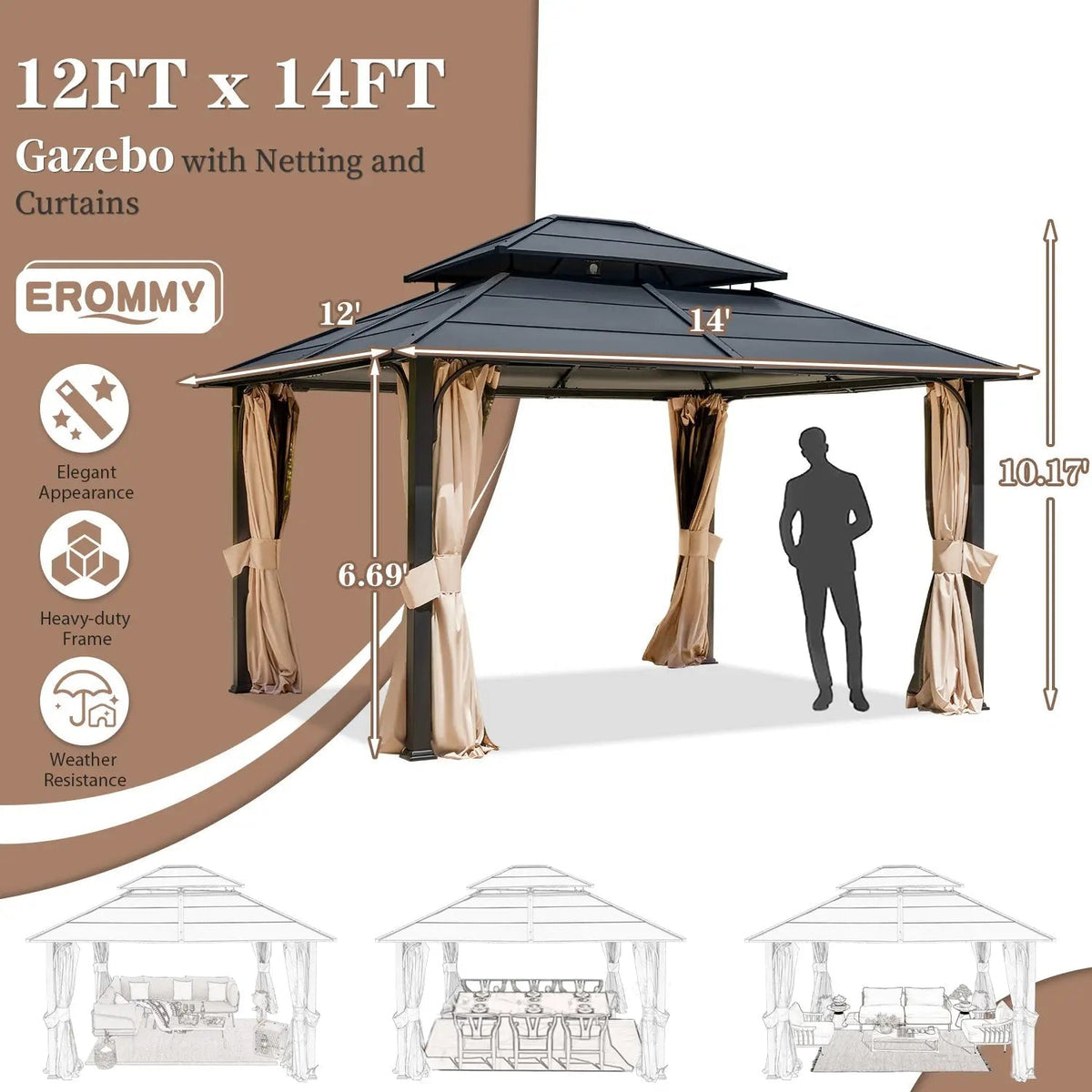 EROMMY 12' x 14' Hardtop Gazebo Outdoor Double Roof with Curtains and Netting,  Anti-Rust Coating Frame