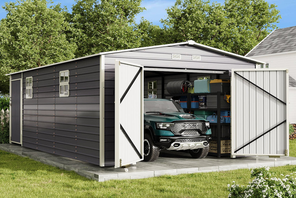 EROMMY 14x24 FT Heavy Duty Carport - Galvanized Steel Frame Car Shelter with Reinforced Base, Enclosed Storage Shed for Cars & Trucks, Grey