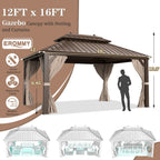 EROMMY 12' x 16' Hardtop Gazebo Galvanized Steel Double-Roof Canopy Outdoor, Aluminum Frame Permanent Metal Pavilion, Netting & Curtains