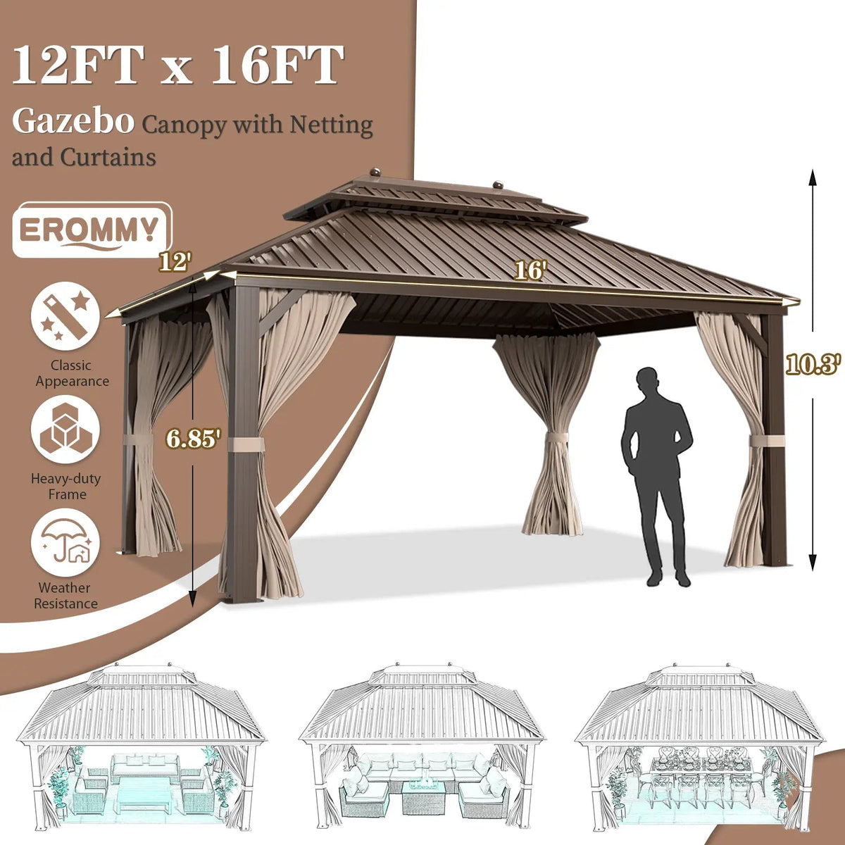 EROMMY 12' x 16' Hardtop Gazebo Galvanized Steel Double-Roof Canopy Outdoor, Aluminum Frame Permanent Metal Pavilion, Netting & Curtains