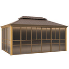 EROMMY 12'*16' Sunroom, with Front Door, Side Entrance, Galvanized Steel Double Top, Wood Grain Appearance, Aluminum Alloy Frame, Solarium Backyard Sun Room
