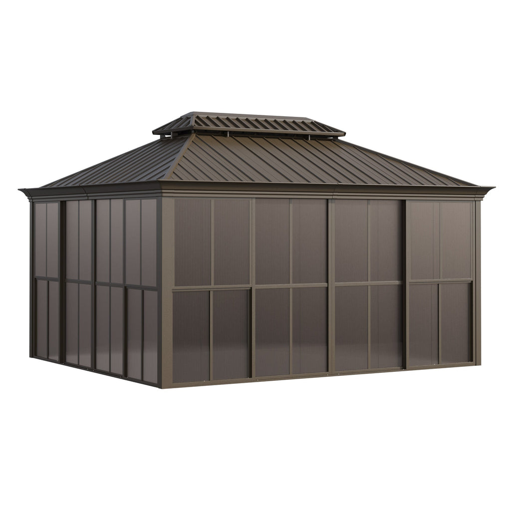 EROMMY 12X14 Florida Sunroom for Backyard Greenhouse with Sliding Door – Brown