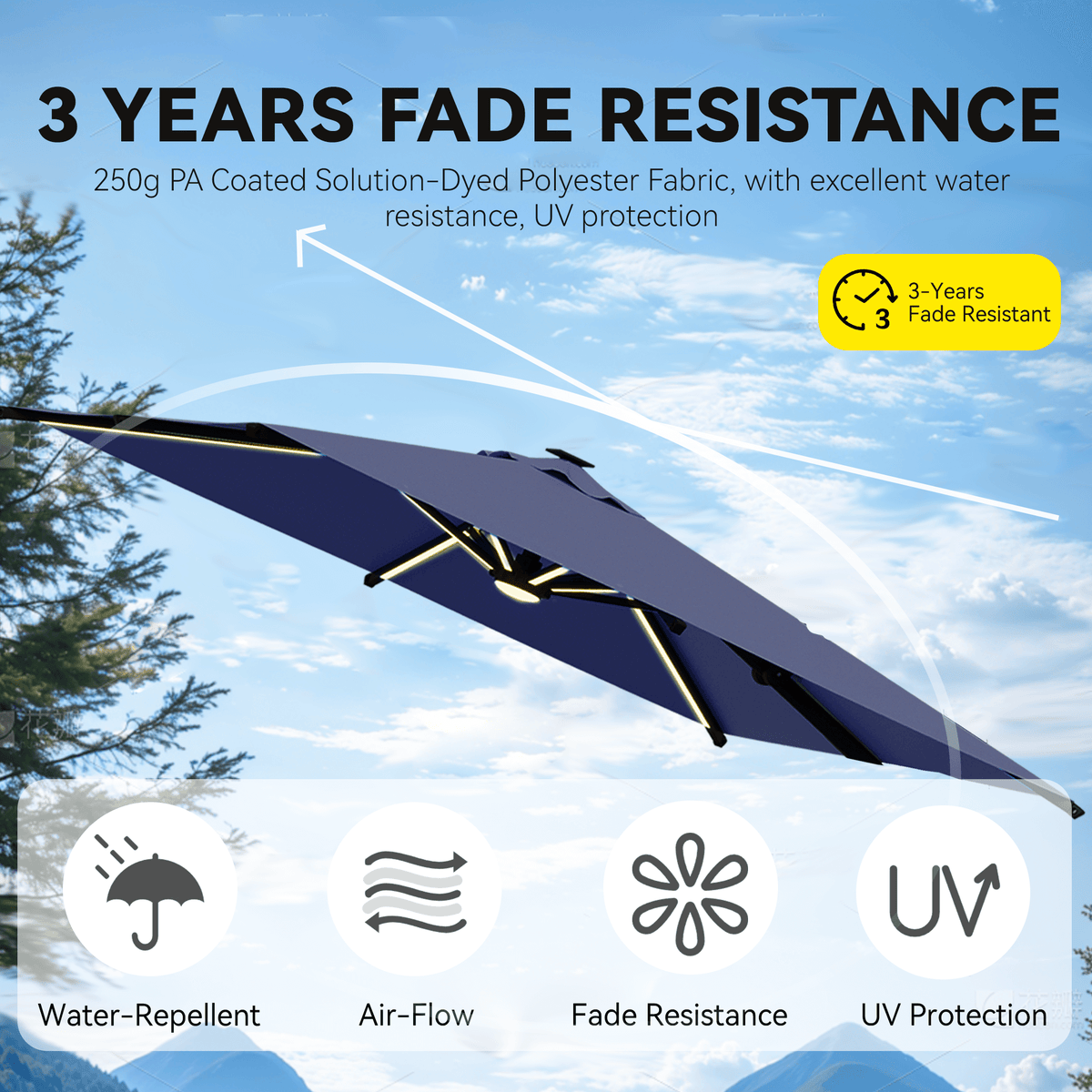 EROMMY 10 X 10 Outdoor Weather-resistant Umbrella with LED, Base Excluded - Navy