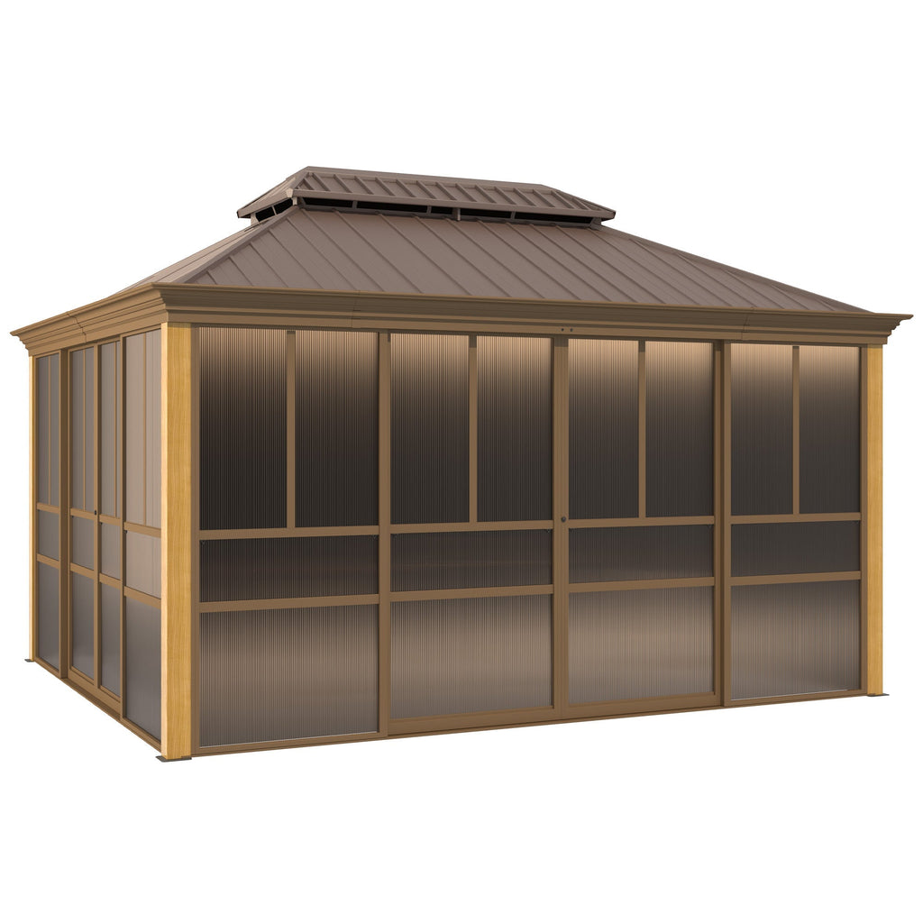 EROMMY 12'*14' Sunroom, with Front Door, Side Entrance, Galvanized Steel Double Top, Wood Grain Appearance, Aluminum Alloy Frame, Solarium Backyard Sun Room