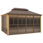 EROMMY 12'*14' Sunroom, with Front Door, Side Entrance, Galvanized Steel Double Top, Wood Grain Appearance, Aluminum Alloy Frame, Solarium Backyard Sun Room