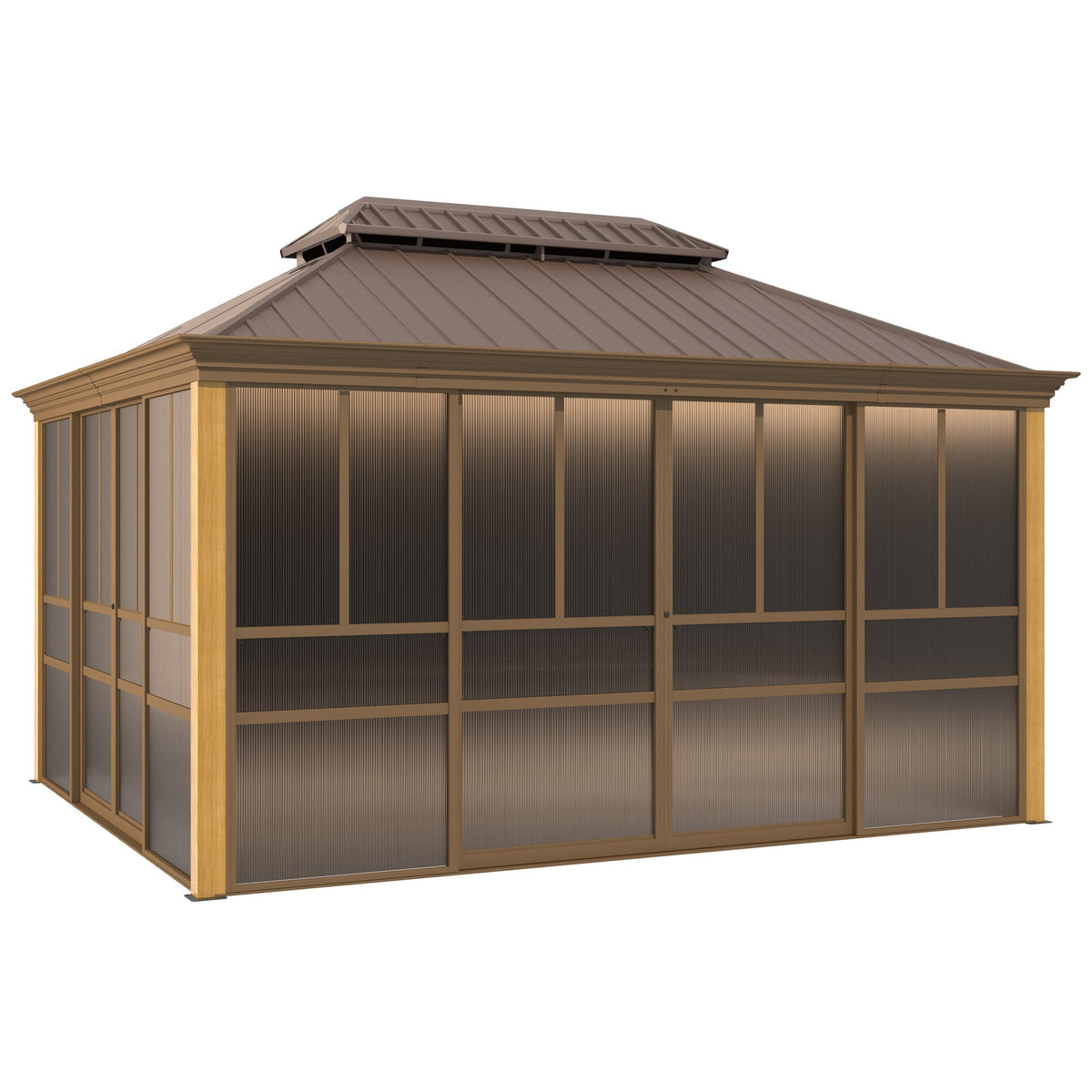 EROMMY 12'*14' Sunroom, with Front Door, Side Entrance, Galvanized Steel Double Top, Wood Grain Appearance, Aluminum Alloy Frame, Solarium Backyard Sun Room