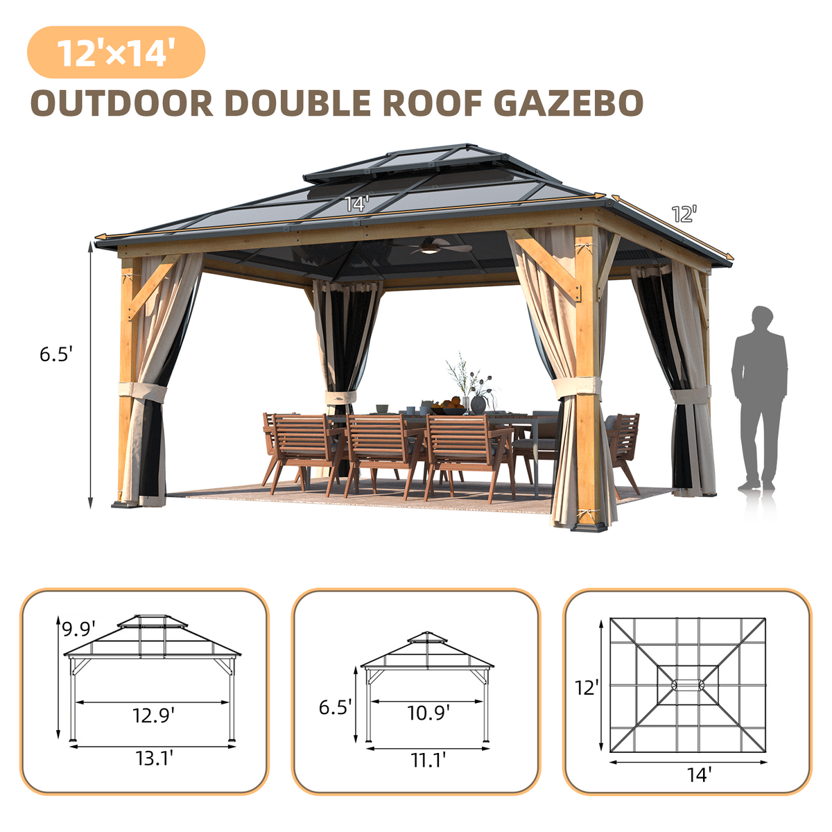 EROMMY 12' x 14' Hardtop Gazebo, Wood Outdoor Gazebo, Polycarbonate Double Roof, Netting and Curtains, Patio Gazebo