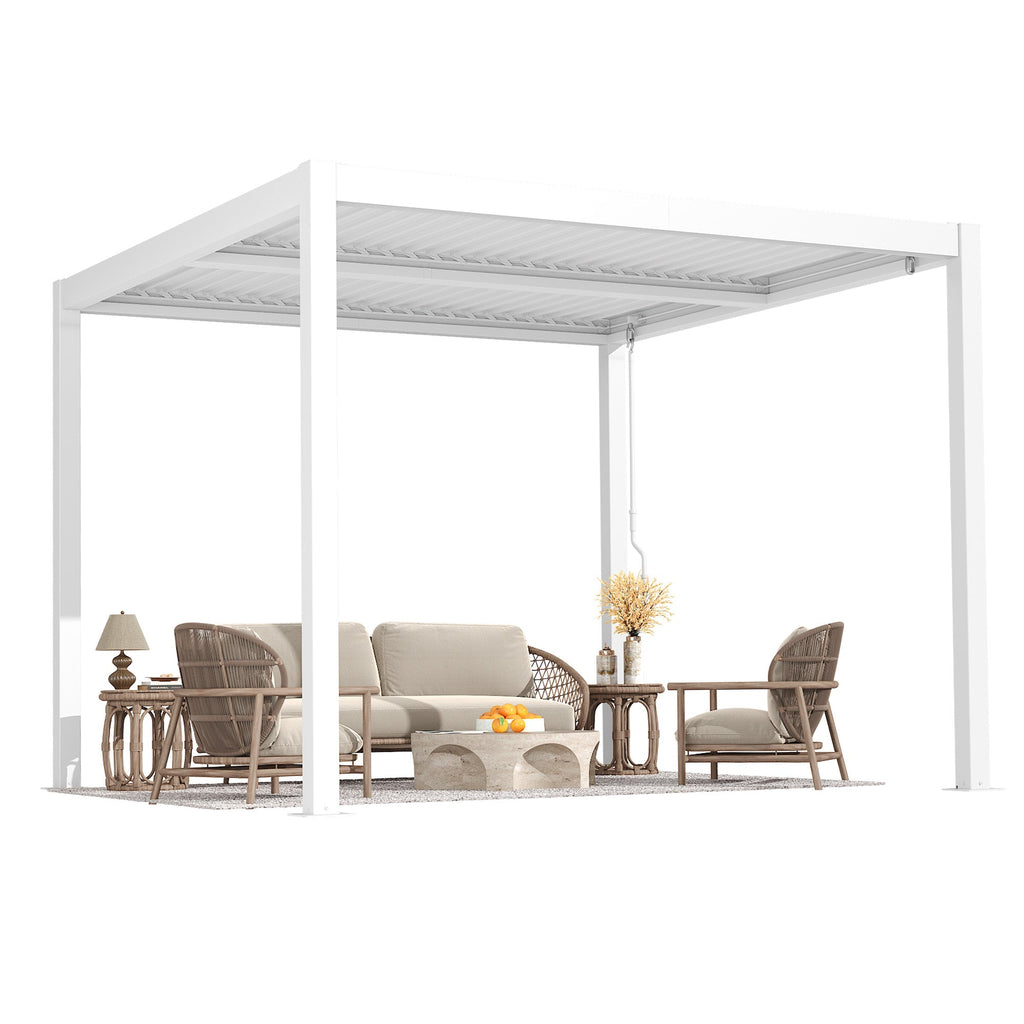 EROMMY 10' x 10' Outdoor Pergola with Adjustable Louvered Roof & Integrated Drainage, Heavy-Duty Metal Louvered Pergola for Patios, White