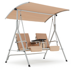 EROMMY 2-Person Outdoor Swing with Canopy, Storage Table, Cooler Bag & Cushions – Beige