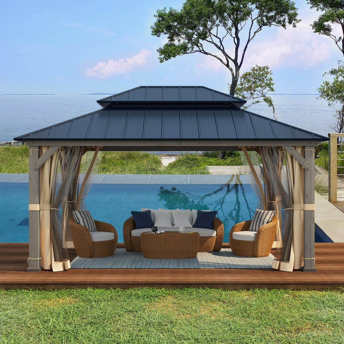 EROMMY 12' x 16' Outdoor Hardtop Gazebo with Cedar Frame and Powder Coated Metal Roof, Grey