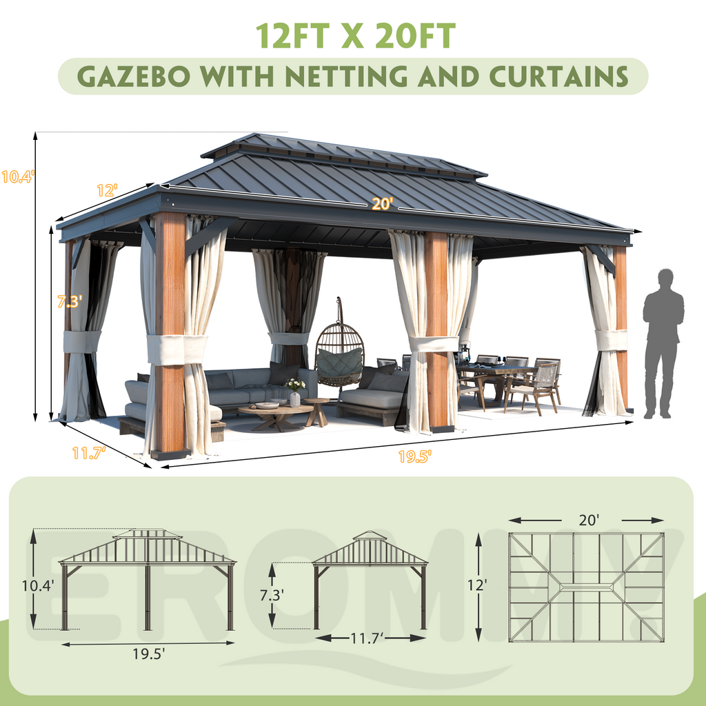 EROMMY 12X20 Wooden Finish Coated Aluminum Gazebo with Metal Roof