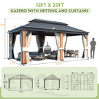 EROMMY 12X20 Wooden Finish Coated Aluminum Gazebo with Metal Roof