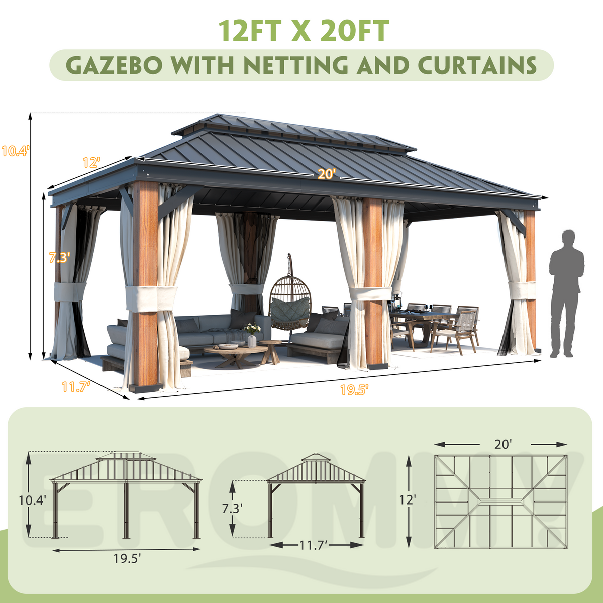 EROMMY 12X20 Wooden Finish Coated Aluminum Gazebo with Metal Roof