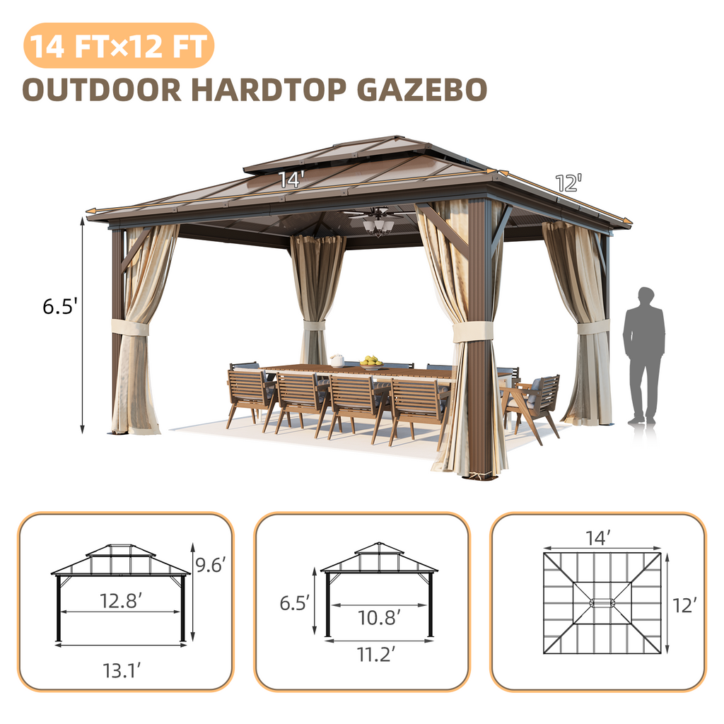 EROMMY 12' x 14' Hardtop Gazebo, Outdoor Gazebo with Polycarbonate Vertical Stripe Double Canopy, Aluminum Gazebo with Netting and Curtains for Patios