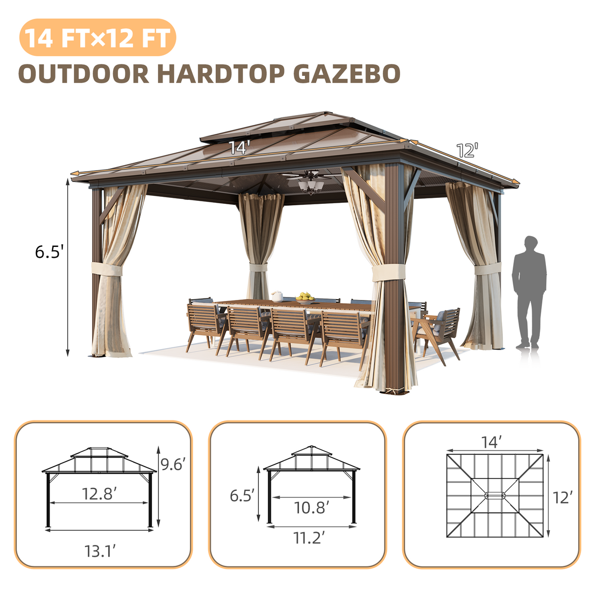EROMMY 12' x 14' Hardtop Gazebo, Outdoor Gazebo with Polycarbonate Vertical Stripe Double Canopy, Aluminum Gazebo with Netting and Curtains for Patios