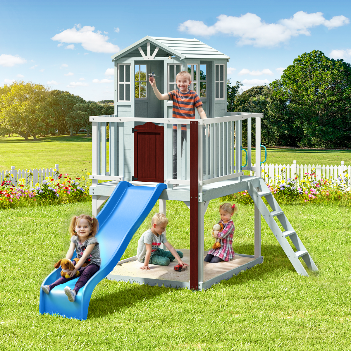 Erommy  Outdoor Wooden Playhouse for Kids - Fir Tree House with Slide, Climbing Ladder & Play Kitchen | Ages 4-8, Gray