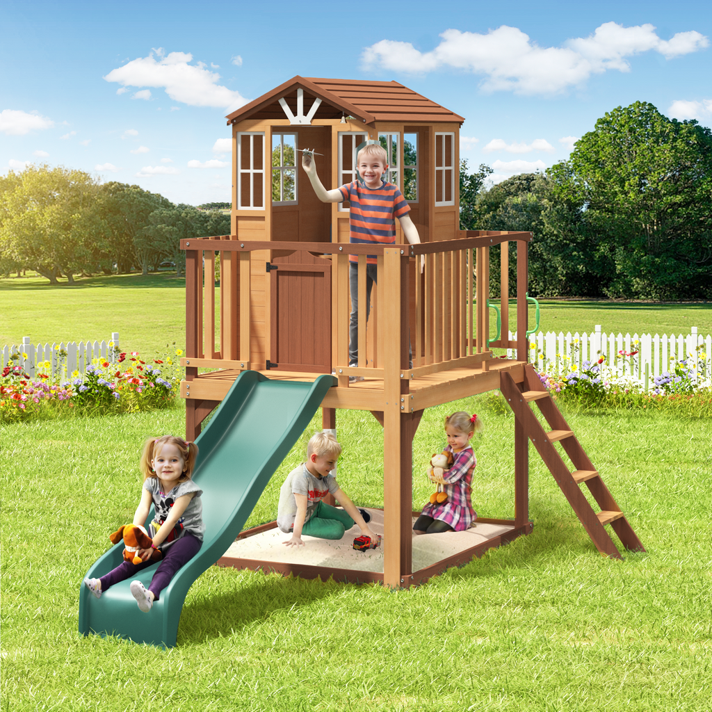 Erommy  Outdoor Wooden Playhouse for Kids - Fir Tree House with Slide, Climbing Ladder & Play Kitchen | Ages 4-8, Wood