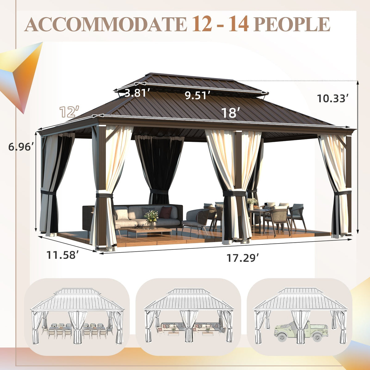 EROMMY 12x18 Hardtop Gazebo with Coated Aluminum Frame