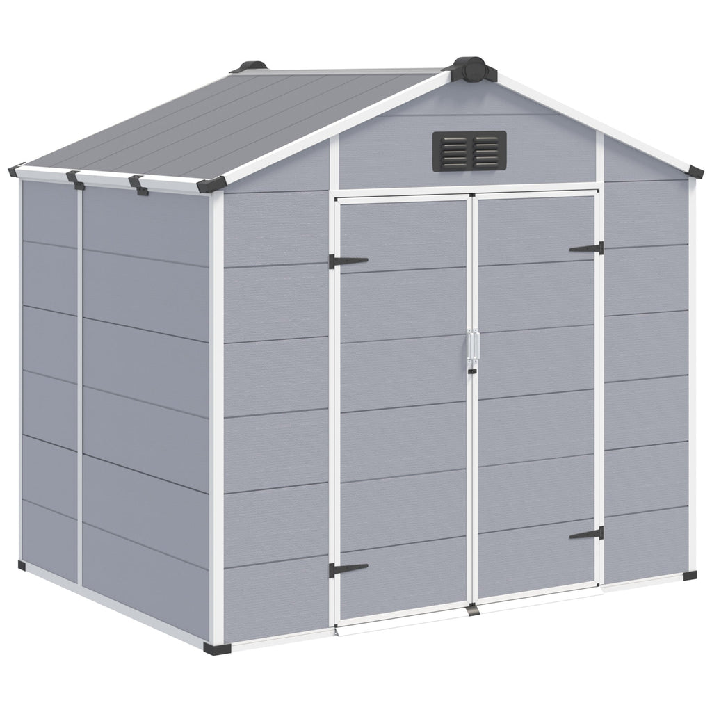 8x6 FT Outdoor Storage Shed, Weather-Resistant Shed with Lockable Double Doors & Built-In Floor, Sloped Roof Outdoor Shed for Backyard, Patio & Lawn, Gray