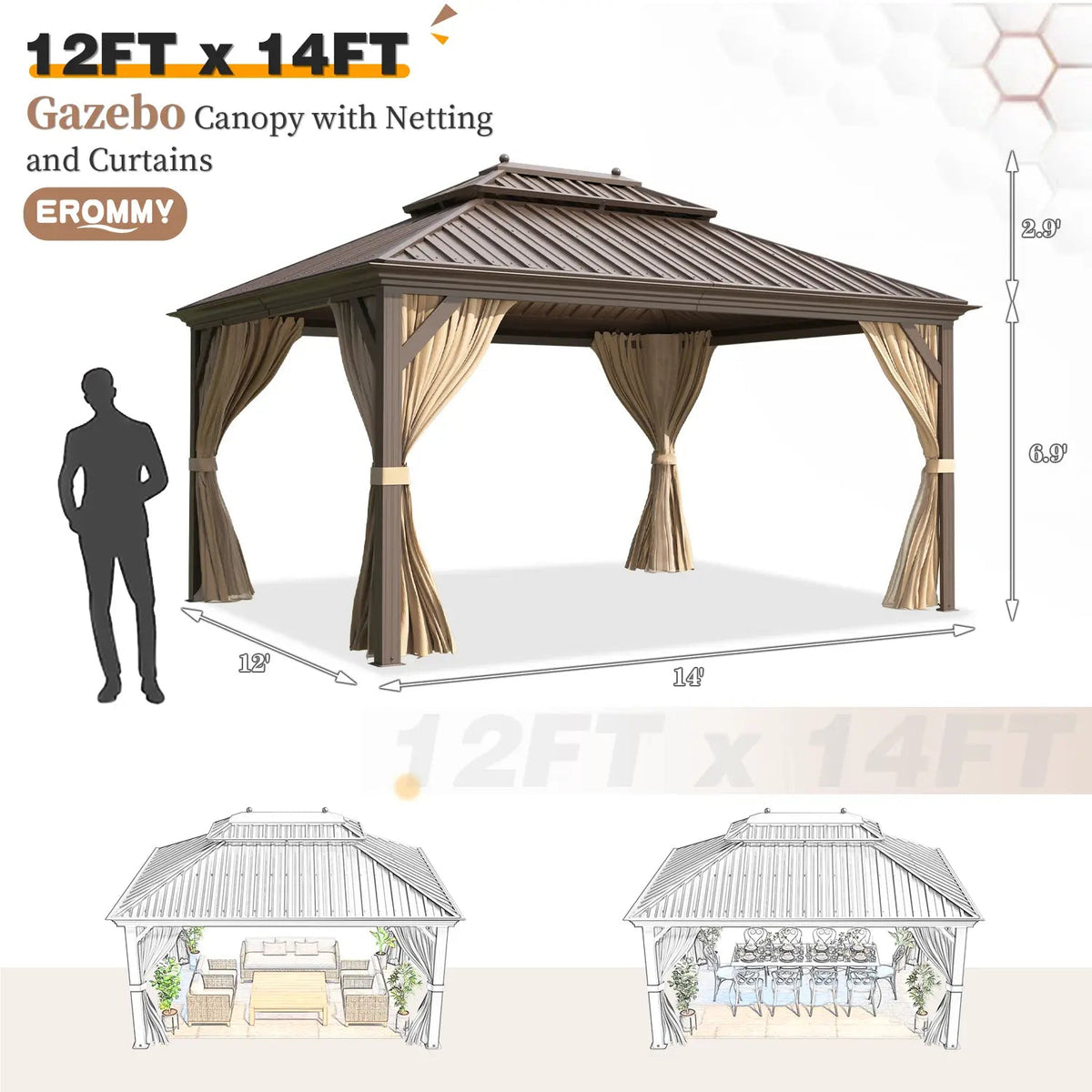 EROMMY 12X14 Hardtop Gazebo with Canopy for Poolside and Outdoor