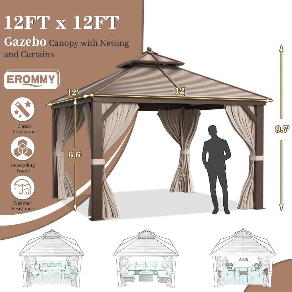 EROMMY 12' x 12' Hardtop Gazebo Canopy Galvanized Steel Pergolas with Netting & Curtains