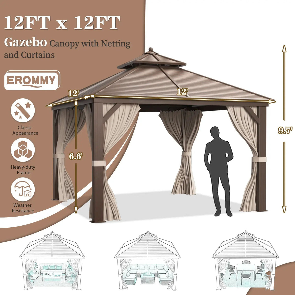 EROMMY 12' x 12' Hardtop Gazebo Canopy Galvanized Steel Pergolas with Netting & Curtains