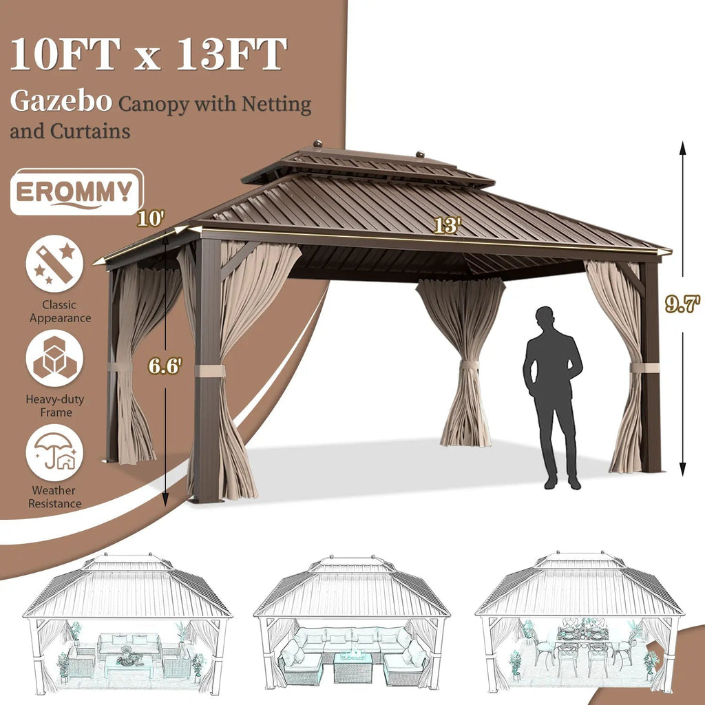EROMMY 10' x 13' Hardtop Gazebo Canopy, Outdoor Aluminum Gazebo with Galvanized Steel Double Roof, Curtains and Netting Included, Brown