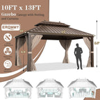 EROMMY 10' x 13' Hardtop Gazebo Canopy, Outdoor Aluminum Gazebo with Galvanized Steel Double Roof, Curtains and Netting Included, Brown