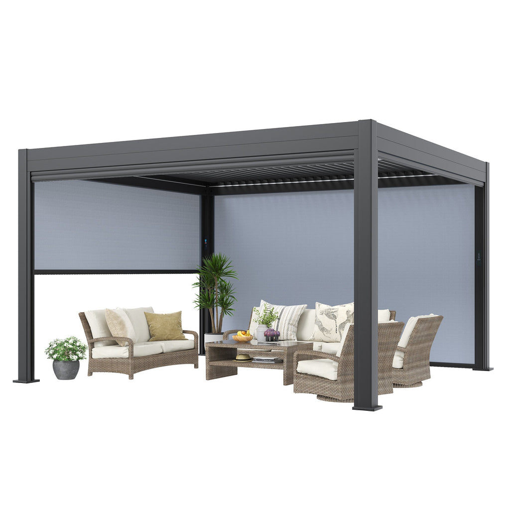 EROMMY 10' x 13' Outdoor Pergola with LED Lights, Aluminum Gazebo with Motorized Louvers & Side Screens for Patio, Backyard & Poolside, Black