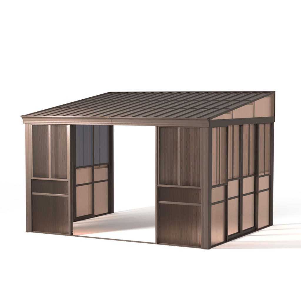 EROMMY 10 x 12FT Wall-Mounted Sunroom with Removable 3-Sided Doors & Aluminum Frame, All-Weather Sun Room with Galvanized Steel Roof, 6mm Thickened PC Screen