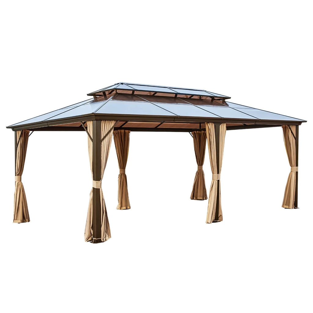 EROMMY 12' x 14' Hardtop Gazebo, Outdoor Gazebo with Polycarbonate Vertical Stripe Double Canopy, Aluminum Gazebo with Netting and Curtains for Patios