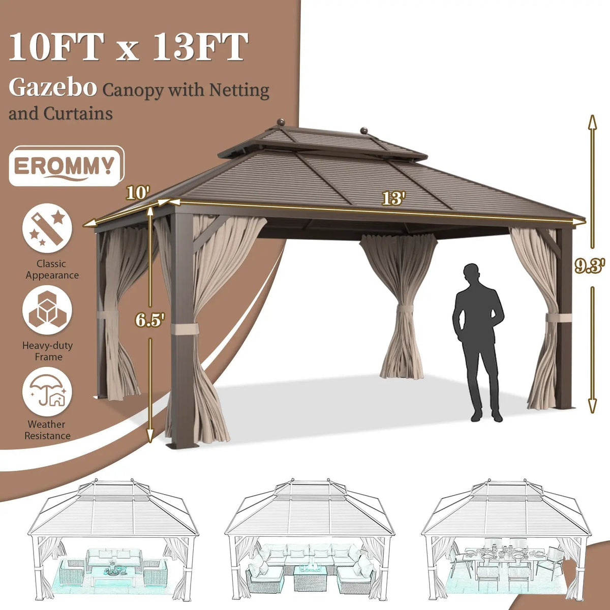 EROMMY 10X13 Small Gazebo with Netting for Backyard