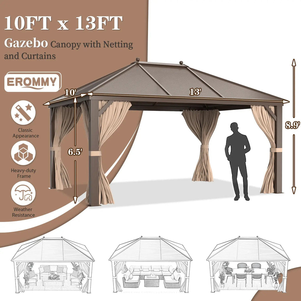 EROMMY 10' x 13' Hardtop Gazebo Hardtop Gazebo, Outdoor Galvanized Steel Canopy, Aluminum Furniture with Netting for Garden, Patio