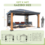 EROMMY 12' x 14' Hardtop Gazebo, Galvanized Steel Top with Wood Grain Aluminum Frame, Permanent Metal Pavilion with Three-Layer Storage Shelvess
