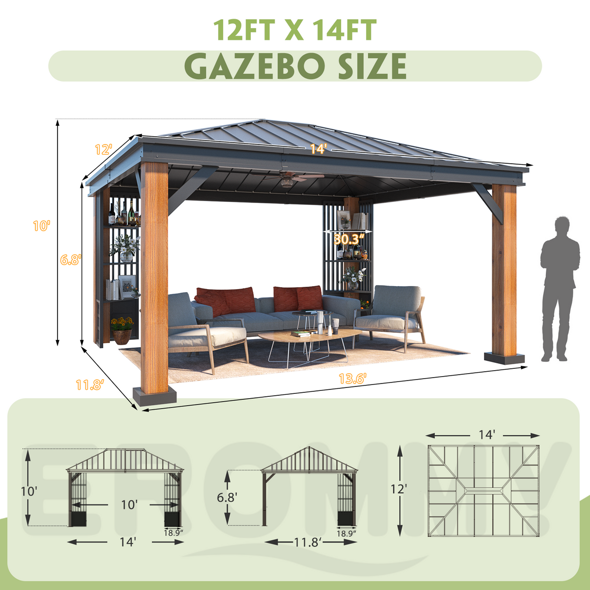 EROMMY 12' x 14' Hardtop Gazebo, Galvanized Steel Top with Wood Grain Aluminum Frame, Permanent Metal Pavilion with Three-Layer Storage Shelvess