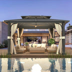 EROMMY 12' x 14' Hardtop Gazebo Outdoor Double Roof with Curtains and Netting,  Anti-Rust Coating Frame
